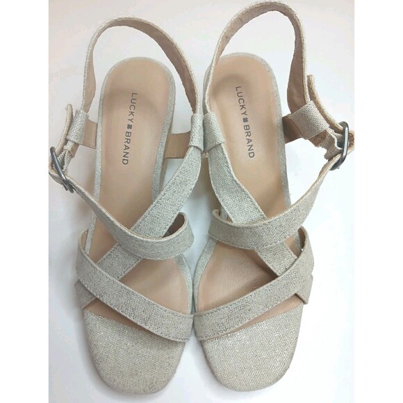 Lucky Brand Sandals Sz 8.5 Strappy Espadrille Wedge Heel Natural & Gold Metallic - Picture 4 of 16